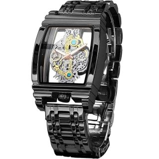 FORSINING Men&amp;#039;s Luxury Hollow Skeleton Watch Retro Gorgeous Gear Carving Design Rectangle Tonneau Large Dial Leather Belt &amp; Stainless Steel Band Quartz Wristwatch Not Mechanical Watches, Black