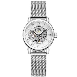 FORSINING New Women Fashion Skeleton Wristwatch Lady Casual Waterproof Self-Wind Mechanical Watch with Stainless Steel Mesh Band (04-Silver White)