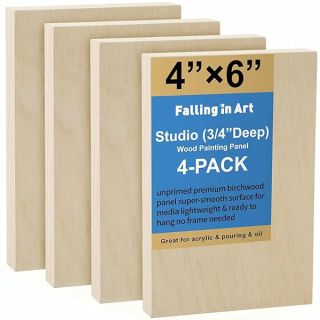 Falling in Art Unfinished Birch Wood Panels Kit for Painting, Wooden Canvas 4 Pack of 4x6’’ Studio 3/4’’ Deep, Cradle Boards for Pouring, Art, Crafts, Burning and More