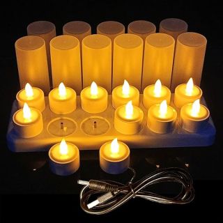 Flameless Candles 12pcs Rechargeable Tea Candles LED Flickering Tea Lights, 12 Frosted Cups with Charging Base for Valentine's Day Christmas Halloween Wedding Outdoor Party Decor (No Remote Control)