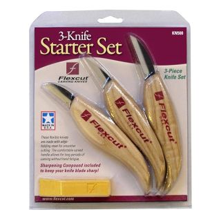 Flexcut Starter 3 Knife Set KN500 | 1095 High Carbon Steel Blades and Ergonomic Ash Wood Handles | Wood Carving Knife Set of 3 | Wood Carving Tools for Beginners and Hobbyists