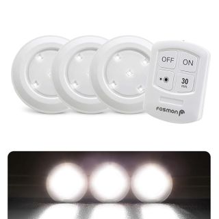 Fosmon Wireless LED Puck Light 3 Pack with Remote Control, Under Cabinet Lighting [5 Daylight White LED, Wide Floodlight Tap Style, 30-Minute Timer, Battery Operated] for Kitchen Closet Pantry Counter