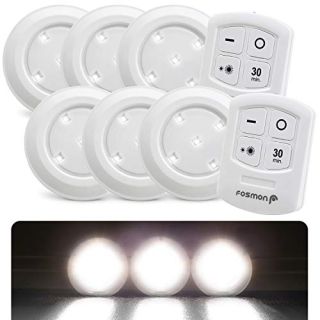 Fosmon Wireless LED Puck Light 6 Pack with Remote Control, Under Cabinet Lighting [5 Daylight White LED, Wide Floodlight Tap Style, 30-Minute Timer, Battery Operated] for Kitchen Closet Pantry Counter