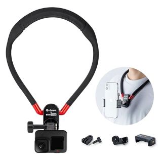 Fotopro POV Neck Selfie Holder with Clip Vertical Mount Kit Flexible Silicone Neck Holder Mount for Action Camera Phone, Black