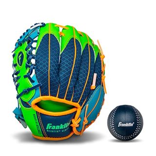 Franklin Sports Kids Baseball Gloves - Meshtek Child's Tball Glove + Ball Set - Boys + Girls Teeball Mitt Set - Kids + Toddler Left Hand Throw - 9.5", Navy/Lime/Orange