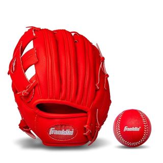 Franklin Sports Teeball Glove - Left and Right Handed Youth Fielding Glove - Synthetic Leather Baseball Glove - Ready to Play Glove (RTP) - 9.5 Inch Left Hand Throw - Red/Red with Ball