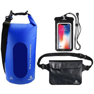 Freegrace Waterproof Dry Bags Set of 3 Dry Bag with 2 Zip Lock Seals & Detachable Shoulder Strap, Waist Pouch & Phone Case - Can Be Submerged Into Water - for Swimming (Navy Blue(Window), 10L)