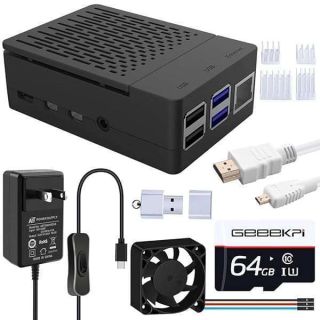 GeeekPi Raspberry Pi 4 Case with PWM Fan, 18W Power Supply, Heatsinks & 64GB Preloaded Card - Complete Kit for All Models