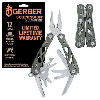 Gerber Gear Suspension 12-in-1 EDC Multi-Plier Multitool with Pocket Knife, Needle Nose Pliers, Wire Cutters and More, Gifts for Men, Camping and Survival, Grey