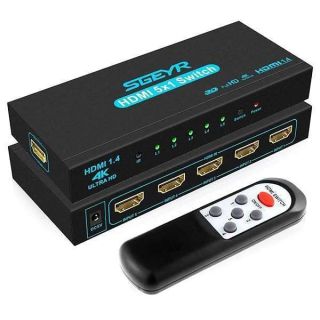 HDMI Switch SGEYR 5x1 HDMI Switcher 5 in 1 Out HDMI Switch Selector 5 Port Box with IR Remote Control HDMI 1.4 HDCP 1.4 Support 4K@30Hz Ultra HD 3D 2160P 1080P