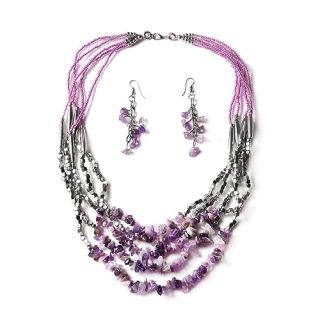Handmade Coastal Jewelry Set: Purple Glass Drop Earrings & Beaded Choker - Perfect Vintage Gifts for Women