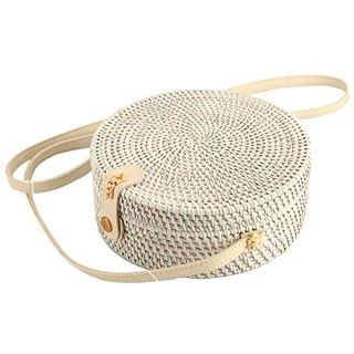 Handmade Straw White Round Rattan Bag Zipper Pouch Adjustable Strap Wicker Purse (White)