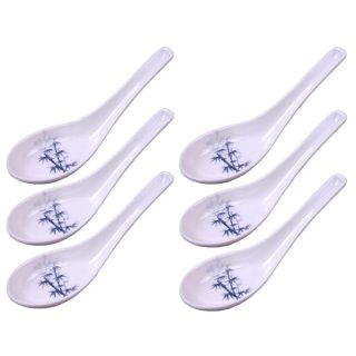 Happy Sales Melamine Soba, Rice Spoons, Asian Chinese Won Ton Soup Spoon, 6 Pack Blue Bamboo Design