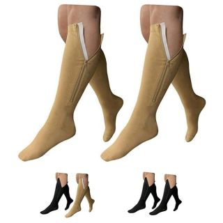 HealthyNees 15-20 mmHg Zipper Compression Wide Big Calf Socks 2 Pack Closed Toe (Medium, 2 Pairs Beige)