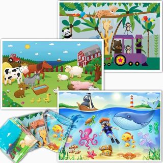 HomeWorthy 60 Pack Disposable Placemats for Baby, 3 Design Pack Baby Eating Mat, 12" x 18" Sticky Kids Placemats, Baby & Toddler Placemat for Restaurants, Plastic Kids Placemats for Dining Table