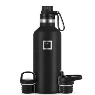 IRON °FLASK Camping & Hiking Hydration Canteens - 3 Lids (Narrow Spout Lid) Leak Proof Vacuum Insulated Stainless Steel - Hot & Cold Double Walled Sports Water Bottle - Midnight Black, 32 Oz