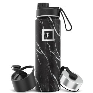 IRON °FLASK Camping & Hiking Hydration Flask with 3 Lids - Stainless Steel, Double Walled & Vacuum Insulated Water Bottle - Leak Proof & BPA Free (Black Marquina, Spout - 22 oz)