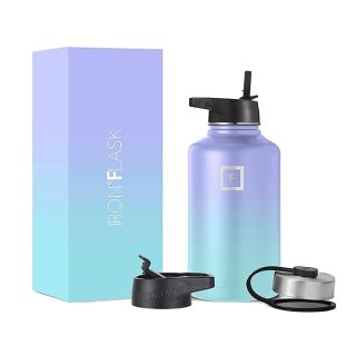 IRON °FLASK Camping & Hiking Hydration Flask with 3 Lids - Stainless Steel, Double Walled & Vacuum Insulated Water Bottle - Leak Proof & BPA Free (Cotton Candy, Straw - 64 oz)