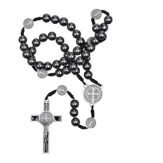 Intercession Hematite Rosary with St. Benedict - 8mm Beads on Cord, Handmade in Brazil