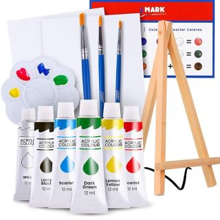 J MARK Paint Set – Mini Canvas Acrylic Painting Kit with Wood Easel, Canvases, Paint, Brushes & More