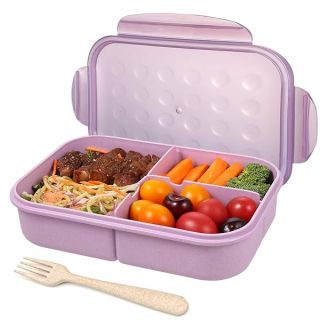 Jeopace Bento Box for Adults Lunch Containers for Kids 3 Compartment Lunch Box Food Containers Leak Proof Microwave Safe(Flatware Included,Purple)