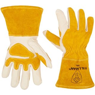 John Tillman and Co Tillman Large 14" Gold and Pearl Top Grain Split Back Cowhide Fleece Lined MIG Welders Gloves with 4" Cuff and Kevlar Thread Locking Stitch (Carded), White/Tan (TIL50L)