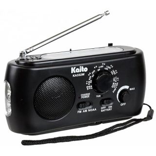 Kaito KA332W Portable Hand Crank Solar AM/FM NOAA Weather Radio with Cell Phone Charger & 3-LED Flashlight (Black)