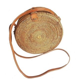 Kbinter Handwoven Round Rattan Straw Bag for Women Shoulder Leather Button Straps Natural Chic Handmade Boho Bag Bali Purse (1 Pack)