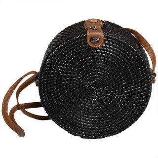 Kbinter Handwoven Round Rattan Straw Bag for Women Shoulder Leather Button Straps Natural Chic Handmade Boho Bag Bali Purse, Black, Large