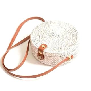 Kbinter Handwoven Round Rattan Straw Bag for Women Shoulder Leather Button Straps Natural Chic Handmade Boho Bag Bali Purse, White, Large