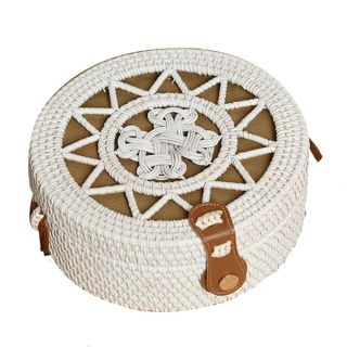 Handmade Kbinter Round Rattan Straw Bag for Women - Chic Boho Shoulder Purse with Leather Straps (White)
