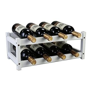 Kework 8 Bottles Wine Rack, 2 Tier Bamboo Wine Display Rack, Tabletop Wine Rack, Desktop Countertop Free Standing Wine Storage Shelf (8-Bottle & White)