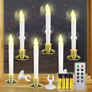 Kithouse 6 Set Christmas Window Candles Lights with Timer Battery Operated Electric LED Taper Candles Flameless for Windows, Gold Candle Holders, Suction Cups &12 PCS Battery Included (6 Set)