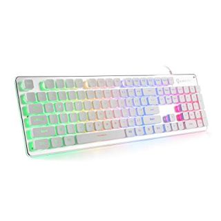 LANGTU Membrane Gaming Keyboard, Rainbow LED Backlit Quiet Keyboard for Office, USB Wired All-Metal Panel 25 Keys Anti-ghosting Computer Keyboard 104 Keys - L1 White/Silver