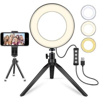 "6" LED Ring Light with Tripod & Phone Holder - Perfect for YouTube, Makeup & Desktop Use | 3 Modes & 11 Brightness Levels"