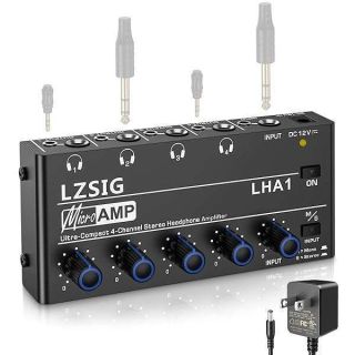 LZSIG Headphone Amplifier 4 Channel Metal Stereo Audio Amplifier,Mini Earphone Splitter with Power Adapter,1/4&amp;quot; &amp; 1/8&amp;quot; TRS Headphones Output and TRS Audio Input for Sound Mixer,DC 12V