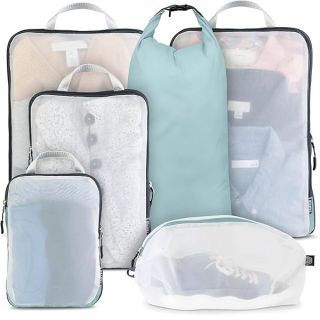 TRIPPED Travel Gear Large Packing Cube Set - Compression Organizers with See-Through Mesh in Dusty Teal