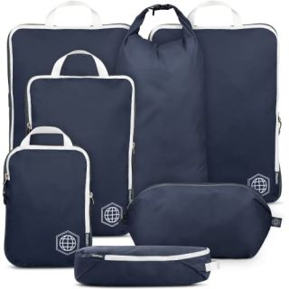 Extra Large Packing Cubes Set - Ultralight Compression Luggage Organizers for Travel | 7 Piece Navy/White by TRIPPED Travel Gear