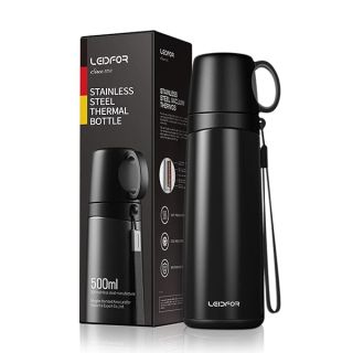 Leidfor Coffee Travel Mug Vacuum Insulated Thermal Water Bottle Build-in Lid Cup Stainless Steel Leakproof 17Ounce Black