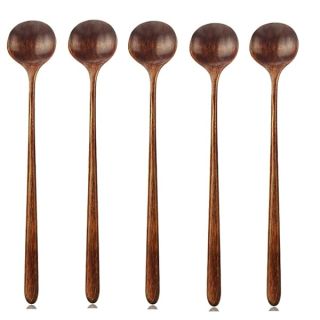 Long Spoons Wooden, 5 Pieces Korean Style 10.9 inches 100% Natural Wood Long Handle Round Spoons for Soup Cooking Mixing Stirrer Kitchen Tools Utensils, FDA Approved(Korean Style Soup Spoon)