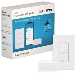 Lutron Caseta Smart Lighting Kit w/ Hub, Original Switch, &amp; Wall Plate, for Light Bulbs and Fans, Works w/ Alexa, Apple Homekit, Google Home, 5A Single-Pole/3-Way, Neutral Required, P-BDG-PKG1WS