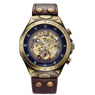 MASTOP Luxury Automatic Mechanical Men&amp;#039;s Leather Belt Fashion Bronze Steel Waterproof Skeleton Watch (Brown)