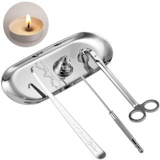 ManChDa 4 in 1 Candle Accessory Set - Candle Wick Trimmer, Candle Wick Dipper, Candle Wick Snuffer, Storage Tray Plate, Candle Care Tools Gift for Candle Lovers for Cosmetics Metal Storage (Sliver)