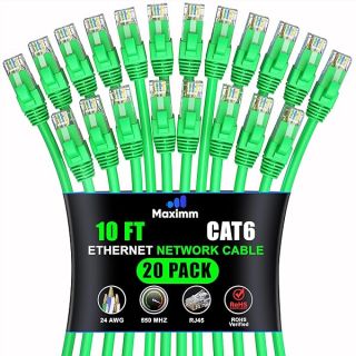 Maximm Cat 6 Ethernet Cable 10 ft (20-Pack) - High-Speed LAN Cable, Internet Cable, Patch Cable, and Network Cable - UTP, 10Gbps, 550MHz Ethernet Cord - Green