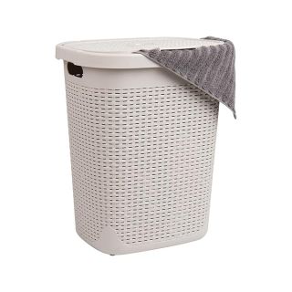 Mind Reader 50L Slim Laundry Hamper, Clothes Basket, Lid, Wicker Design, Plastic, 17.65"L x 13.75"W x 21"H, Ivory