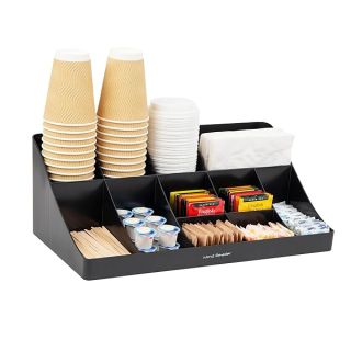 Mind Reader Cup and Condiment Station, Countertop Organizer Coffee Bar, Kitchen, Stirrers, 17.875" L x 9.5" W x 6.625" H, 11 Compartment, Black