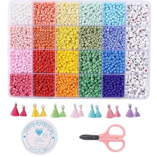 Miss Rabbit Jewelry Making Kit 4 mm Glass Seed Beads for DIY Bracelet Making Kit for Adults Crafts Alphabet Letter Beads for Friendship Bracelet Elastic String Charms Tassel