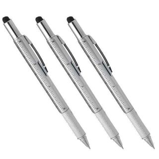 Multi-word 6 in 1 Multi Function Tool Ballpoint Pen with Ballpoint, Ruler, Screwdriver, A Flat Head, Touch-Screen Pen (3 PCS,Silver)