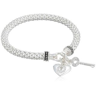 Nine West Women's Boxed Silver Heart Key Stretch Bracelet, Size: 0