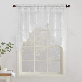 No. 918 Alison Floral Lace Sheer Rod Pocket Kitchen Curtain Swag Pair, 58" x 38", White